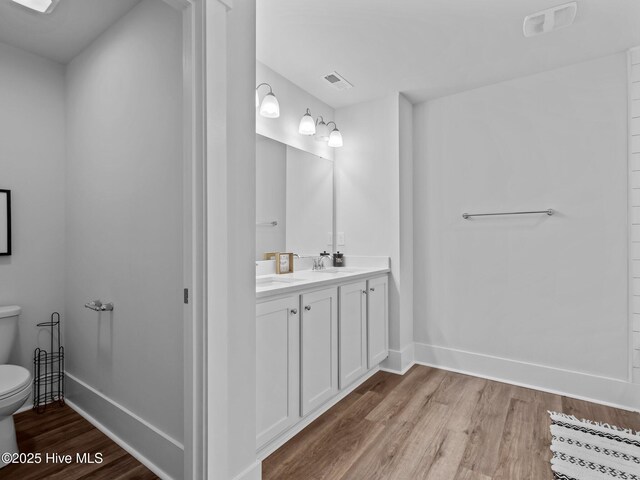 221 Salt Meadow Ln, Newport, NC 28570 - full bath with toilet, wood finished floors, baseboards, and double vanity
