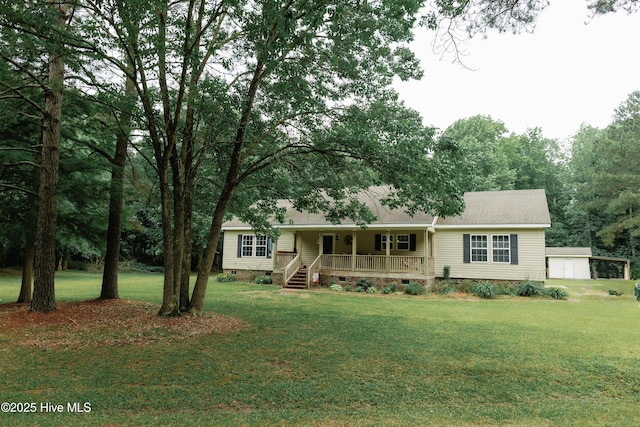 331 Bright Acres Rd, Washington, NC 27889 - ranch-style home featuring covered porch, crawl space, a front yard, and a shingled roof