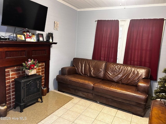tiled living room with ornamental molding and a wood stove