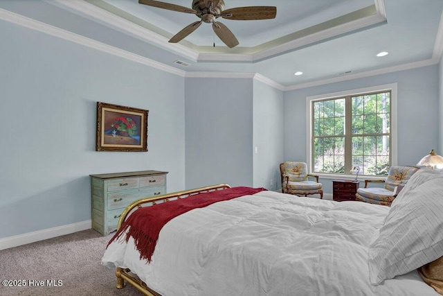 697 Jenoa Loop, Castle Hayne, NC 28429 - carpeted bedroom with a raised ceiling, baseboards, recessed lighting, ceiling fan, and crown molding