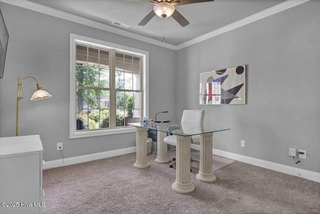697 Jenoa Loop, Castle Hayne, NC 28429 - office space featuring a ceiling fan, carpet, crown molding, and baseboards
