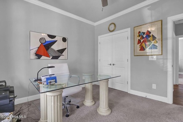 697 Jenoa Loop, Castle Hayne, NC 28429 - carpeted office space featuring crown molding, baseboards, and a ceiling fan