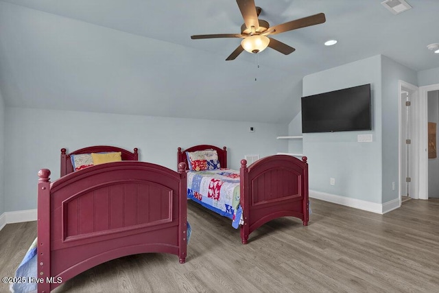 697 Jenoa Loop, Castle Hayne, NC 28429 - bedroom featuring wood finished floors, baseboards, ceiling fan, recessed lighting, and lofted ceiling