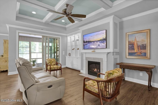 697 Jenoa Loop, Castle Hayne, NC 28429 - living area with crown molding, coffered ceiling, baseboards, ceiling fan, and wood finished floors