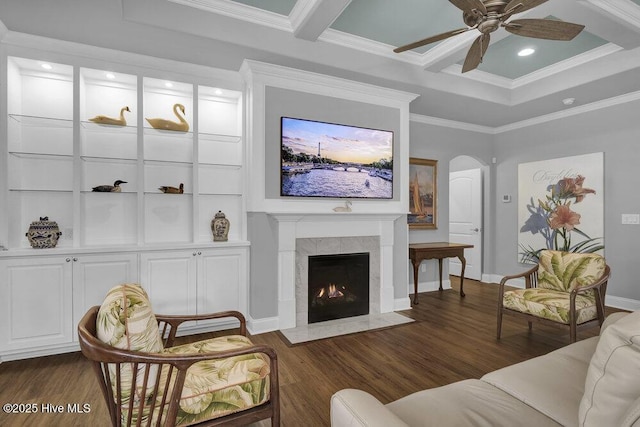 697 Jenoa Loop, Castle Hayne, NC 28429 - living room featuring ceiling fan, dark wood-style floors, arched walkways, ornamental molding, and recessed lighting