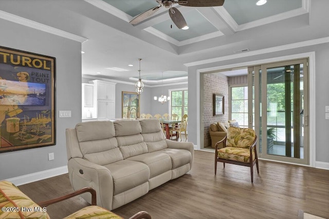 697 Jenoa Loop, Castle Hayne, NC 28429 - living area with ornamental molding, a ceiling fan, wood finished floors, baseboards, and recessed lighting
