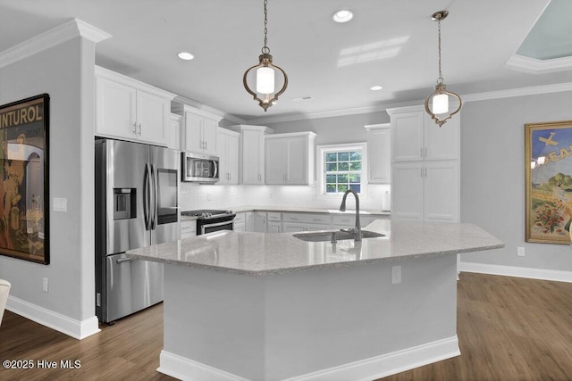 697 Jenoa Loop, Castle Hayne, NC 28429 - kitchen featuring appliances with stainless steel finishes, a sink, dark wood finished floors, white cabinets, and crown molding
