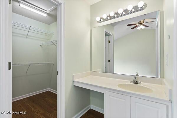 2610 Selkirk Ct, Wilmington, NC 28411 - bathroom with wood finished floors, ceiling fan, a walk in closet, vanity, and baseboards