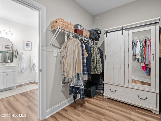 spacious closet featuring light wood-style flooring and a barn door