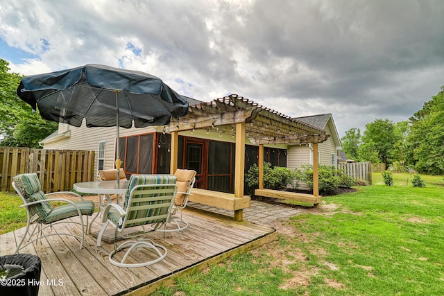 wooden terrace featuring outdoor dining area, a pergola, and a sunroom
