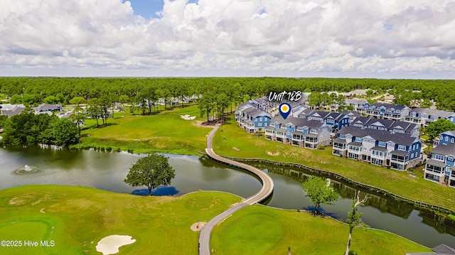 aerial view of a large body of water and a golf course