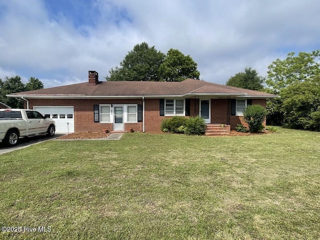 single story home featuring an attached garage, brick siding, a front lawn, and a chimney