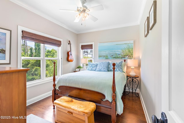 104 SE 32nd St, Oak Island, NC 28465 - bedroom with baseboards, hardwood / wood-style floors, ornamental molding, and ceiling fan