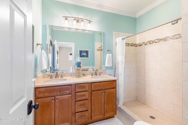 104 SE 32nd St, Oak Island, NC 28465 - full bathroom featuring tiled shower, crown molding, and double vanity