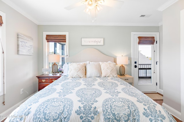 104 SE 32nd St, Oak Island, NC 28465 - bedroom featuring access to outside, ornamental molding, baseboards, and a ceiling fan