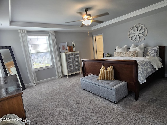 568 Transom Way, Sneads Ferry, NC 28460 - bedroom featuring a raised ceiling, carpet flooring, baseboards, crown molding, and a ceiling fan