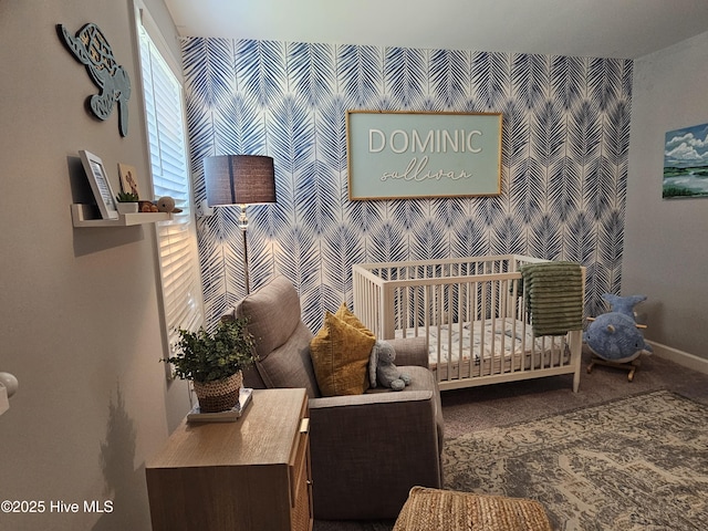 568 Transom Way, Sneads Ferry, NC 28460 - carpeted bedroom featuring baseboards, a crib, and wallpapered walls