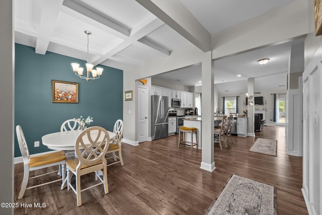 dining area with baseboards, coffered ceiling, beamed ceiling, a chandelier, and dark wood-style floors
