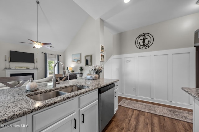 kitchen featuring stainless steel dishwasher, a sink, a fireplace, dark wood-type flooring, and light stone counters