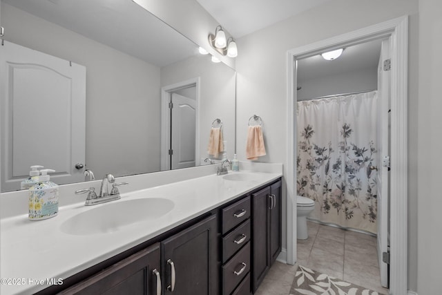 bathroom with toilet, double vanity, tile patterned flooring, and curtained shower