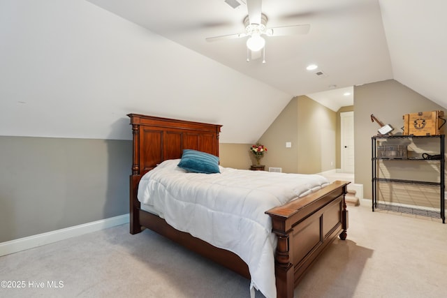 bedroom featuring light colored carpet, vaulted ceiling, ceiling fan, and baseboards