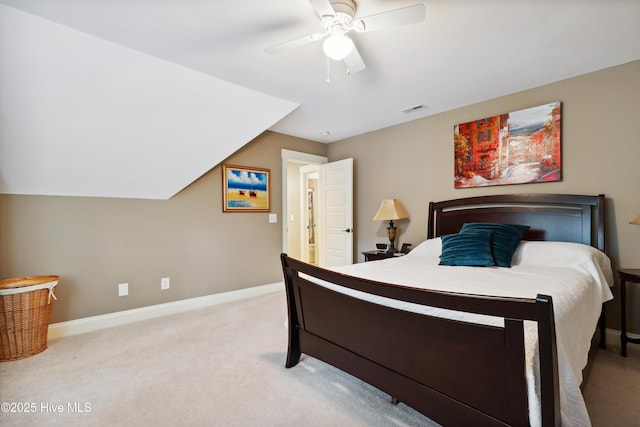 bedroom with carpet flooring, baseboards, and ceiling fan
