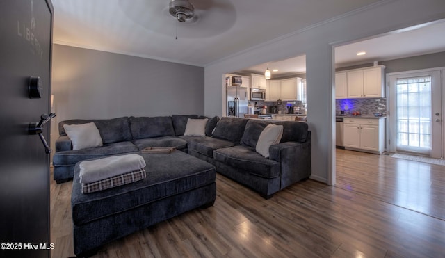 2518 Pilot-Riley Rd, Zebulon, NC 27597 - living area with crown molding, dark wood-type flooring, and a ceiling fan