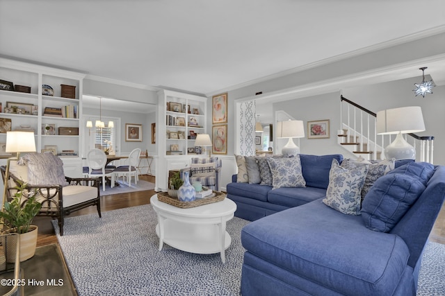 1218 Country Club Rd, Wilmington, NC 28403 - living area featuring crown molding, wood finished floors, a chandelier, stairs, and built in features