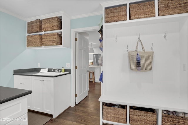 1218 Country Club Rd, Wilmington, NC 28403 - mudroom with crown molding, dark wood-style floors, and a sink