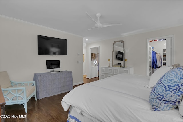 1218 Country Club Rd, Wilmington, NC 28403 - bedroom with wood finished floors, ornamental molding, recessed lighting, a spacious closet, and ceiling fan