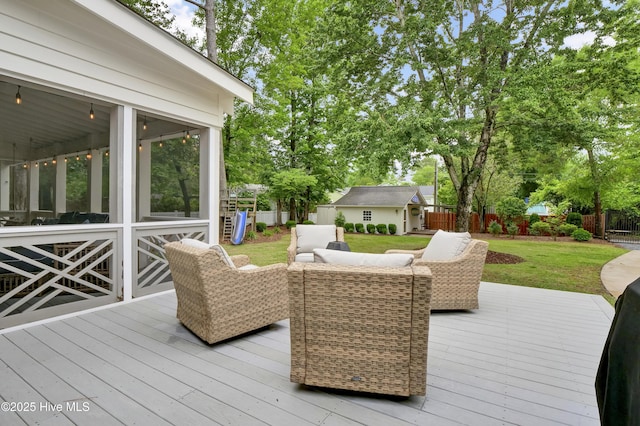 1218 Country Club Rd, Wilmington, NC 28403 - wooden deck featuring a sunroom and an outdoor structure