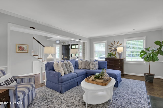 1218 Country Club Rd, Wilmington, NC 28403 - living area featuring stairway, crown molding, baseboards, and wood finished floors