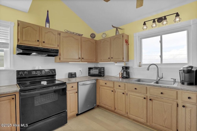 kitchen with under cabinet range hood, black / electric stove, stainless steel dishwasher, a sink, and light brown cabinetry