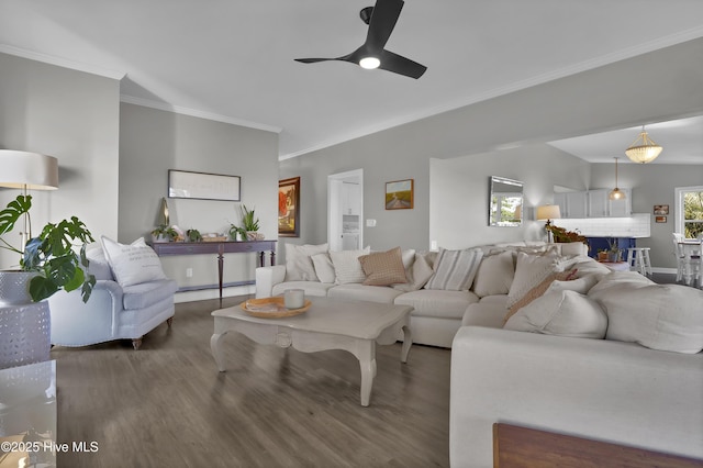 1855 Newkirk Rd, Wilmington, NC 28409 - living room featuring wood finished floors, crown molding, a ceiling fan, and a baseboard radiator