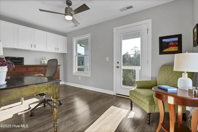 1855 Newkirk Rd, Wilmington, NC 28409 - office featuring dark wood finished floors, ceiling fan, and baseboards