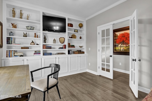 1855 Newkirk Rd, Wilmington, NC 28409 - home office featuring french doors, ornamental molding, dark wood finished floors, and baseboards
