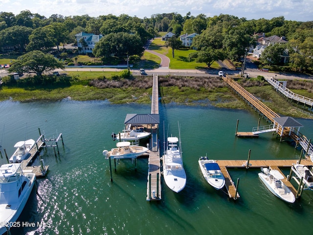 dock area featuring a water view, boat lift, and view of scattered trees