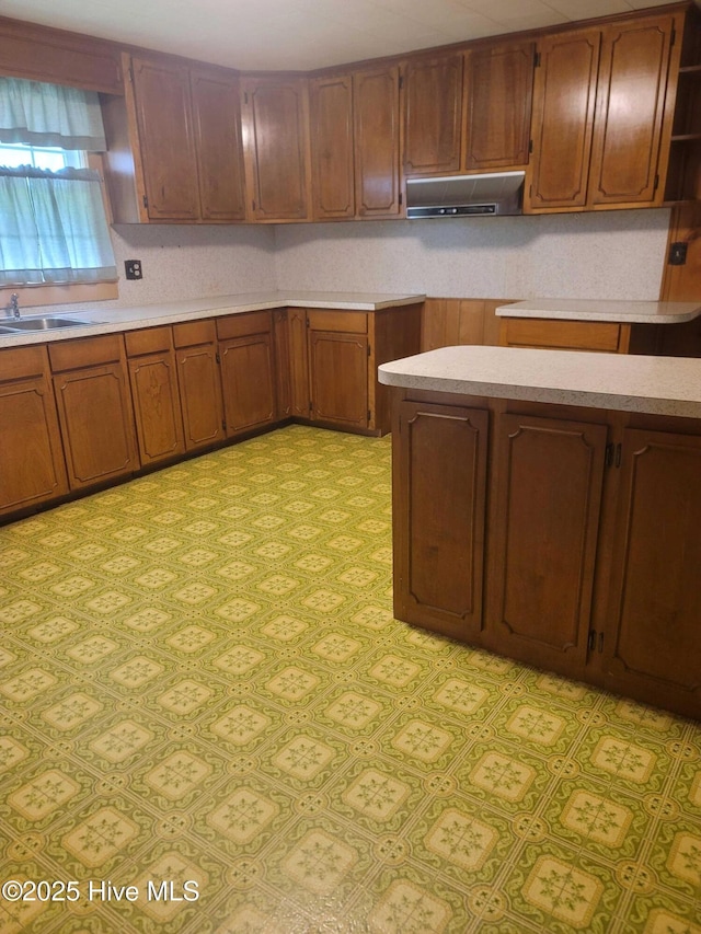 146 Gliden Rd, Hobbsville, NC 27946 - kitchen with exhaust hood, light countertops, and brown cabinetry