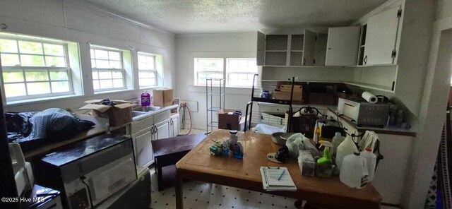 kitchen featuring plenty of natural light, a textured ceiling, white cabinetry, ornamental molding, and open shelves