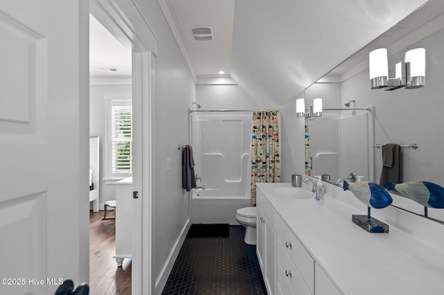 bathroom with toilet, vanity, shower / bath combination with curtain, baseboards, and recessed lighting