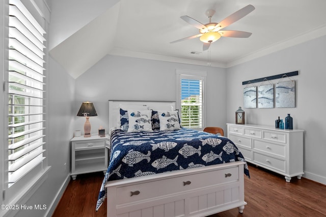 bedroom with dark wood-style flooring, baseboards, a ceiling fan, and ornamental molding