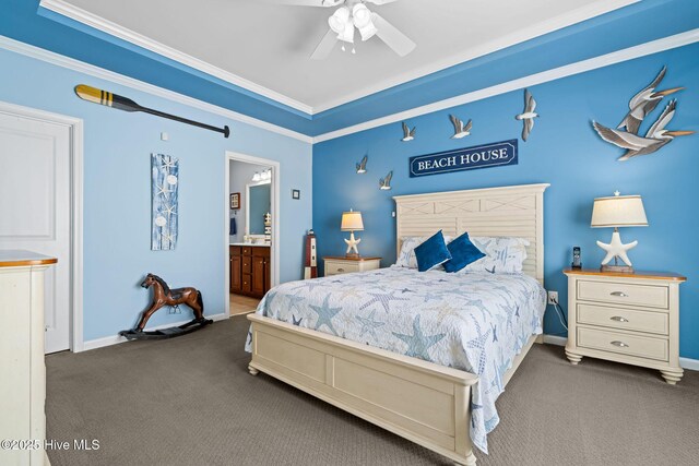 4007 Norseman Loop Unit 5, Southport, NC 28461 - bedroom featuring carpet floors, crown molding, connected bathroom, baseboards, and a ceiling fan
