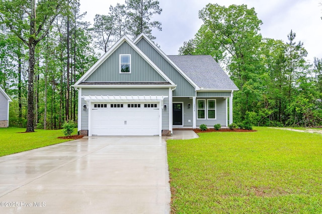 view of front facade featuring concrete driveway, board and batten siding, a front yard, covered porch, and a garage