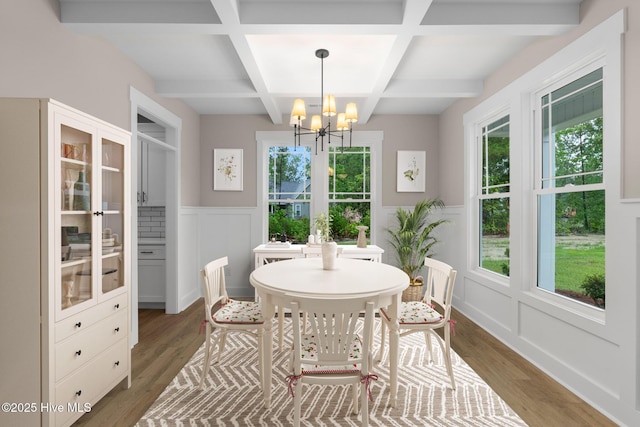 dining room featuring coffered ceiling, a chandelier, wood finished floors, wainscoting, and beam ceiling