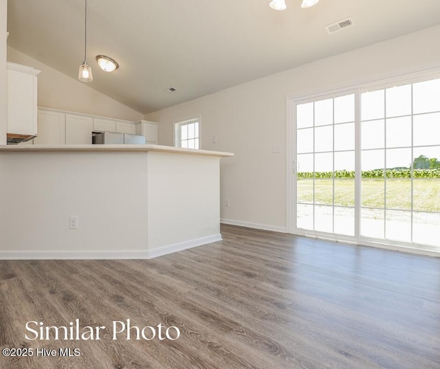 128 Buckskin Dr, Pollocksville, NC 28573 - unfurnished living room featuring wood finished floors and vaulted ceiling