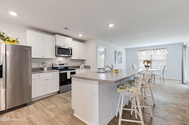 kitchen with appliances with stainless steel finishes, a sink, light wood-style flooring, a kitchen island with sink, and a breakfast bar area