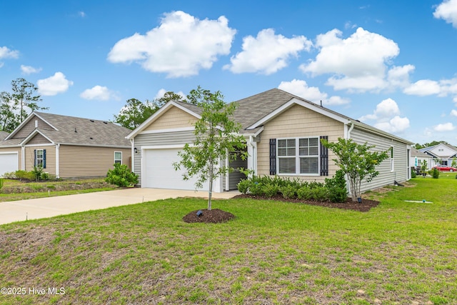 single story home with a garage, concrete driveway, and a front yard