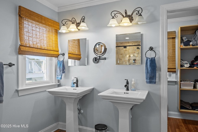 141 Bayview Blvd, Atlantic Beach, NC 28512 - bathroom with crown molding, wood finished floors, baseboards, and a shower