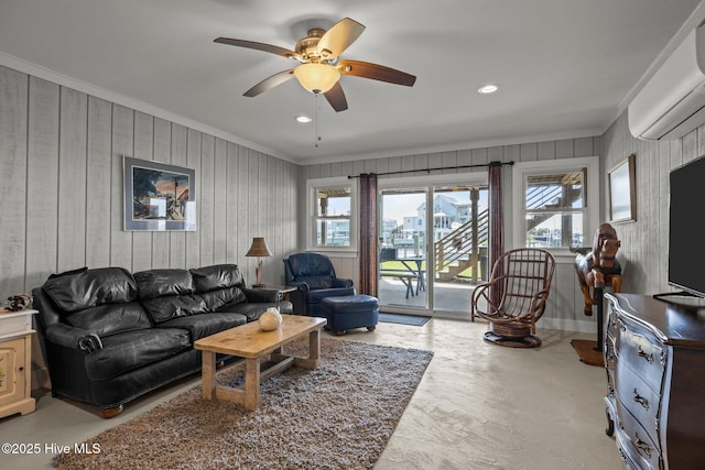 141 Bayview Blvd, Atlantic Beach, NC 28512 - living area featuring crown molding, a wall unit AC, plenty of natural light, a ceiling fan, and wooden walls