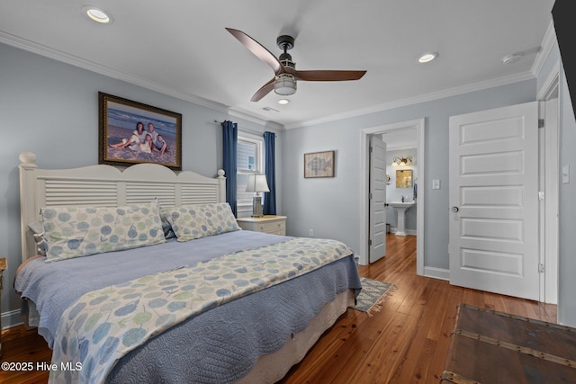 141 Bayview Blvd, Atlantic Beach, NC 28512 - bedroom with hardwood / wood-style flooring, baseboards, recessed lighting, crown molding, and ceiling fan